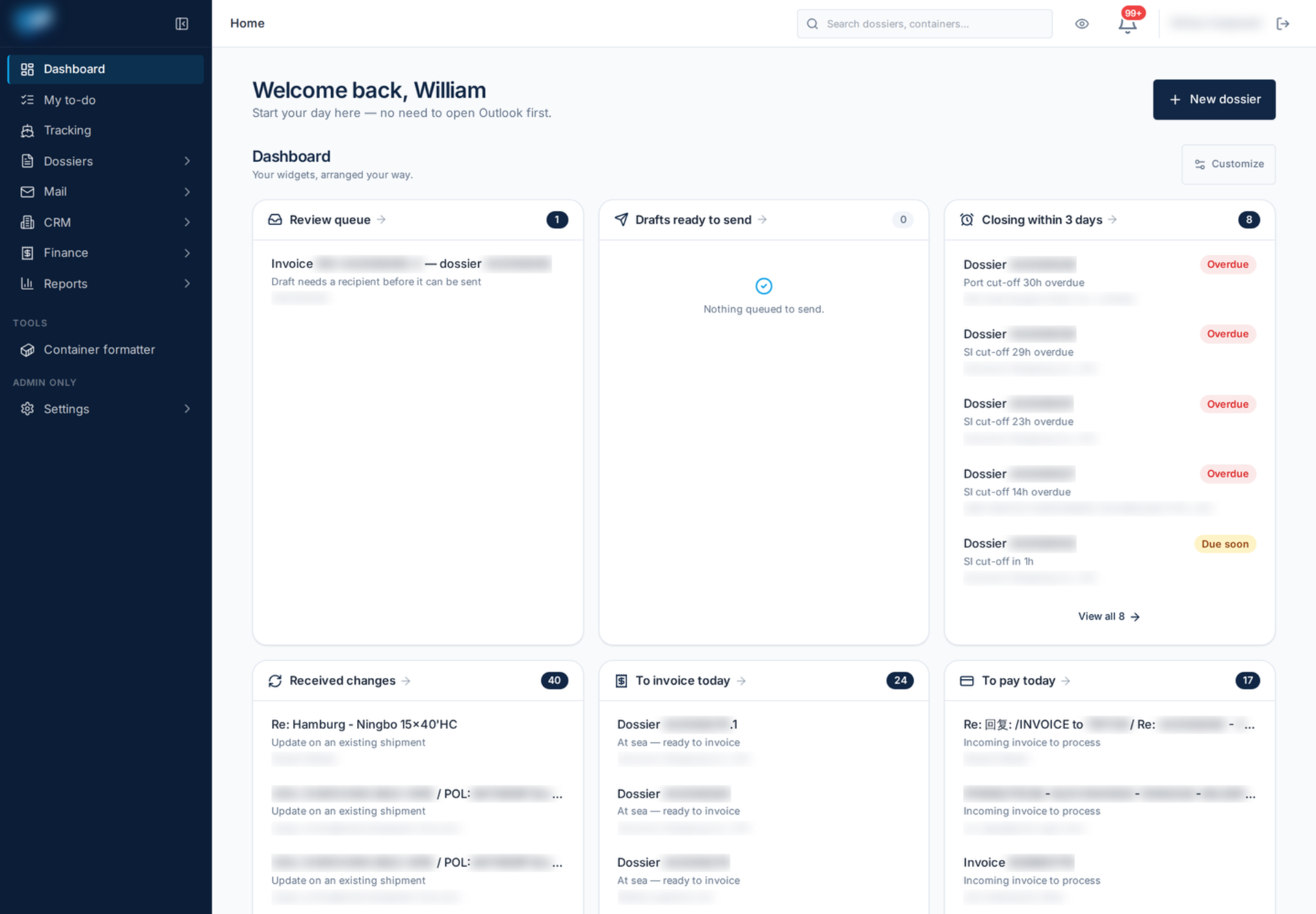 Dashboard van Milder Supply Chain met het werk van vandaag